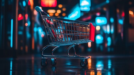 A shiny shopping cart stands against a backdrop of vibrant city lights at night
