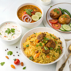 Delicious Mutton Biryani with Curry, Raita, and Kebabs