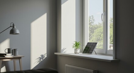 Fototapeta premium Interior with solar panel and plant, photo
