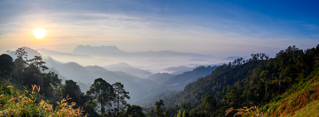 Panoramic view of Doi Luang Chiang Dao mountain range at sunrise, Chiang Mai, Thailand.