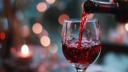 Red wine pouring into a crystal glass, elegant and refined moment of indulgence.
