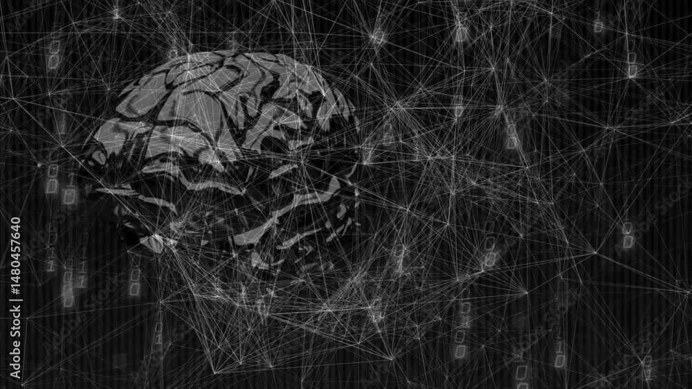 Poster Translucent 3D brain floating while glowing network nodes cascading binary digits across data mesh