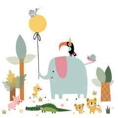 Cute welcome baby postcard design decorated with wild animals. Lovely shower happy birthday printable kid nursery newborn illustration. 