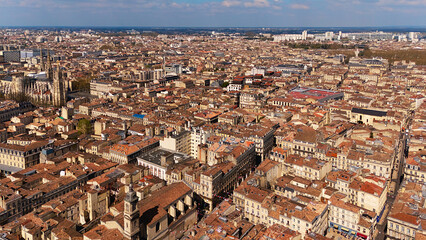 Panoramic aerial view of central Bordeaux and cathedral