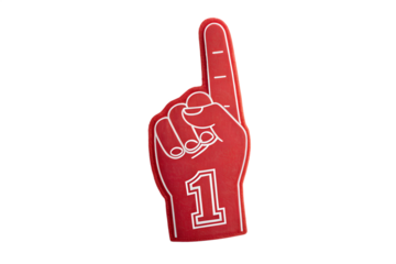 Red foam hand number one isolated on transparent or white background, png