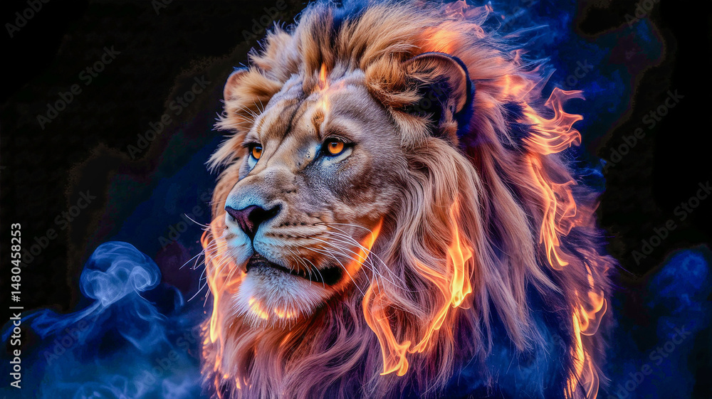 Poster multi colored flaming with the head of a lion on a inglorious background