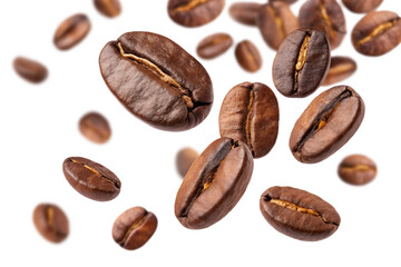 Obraz premium falling coffee beans macro isolated on white or transparent png