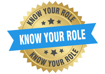 know your role. know your role round blue and gold label isolated on transparent background