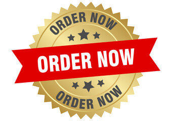 order now. order now round red and gold label isolated on transparent background