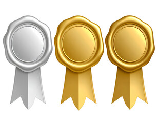 3 wax seal icons, in gold and silver colors, with transparent background PNG