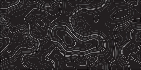 "Design a seamless dark-themed abstract background featuring topographic contour lines. Use flowing, organic shapes with varying line thickness in shades of gray on a black backdrop to create a sense 