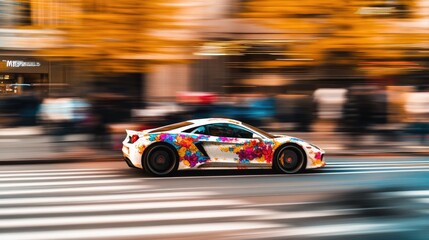 Fast, colorful car on city street