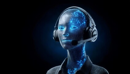 3D illustration of an AI virtual agent with a headset, a blue hologram on a black background.
