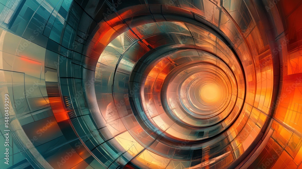 Poster vibrant abstract tunnel with geometric sections and concentric circles