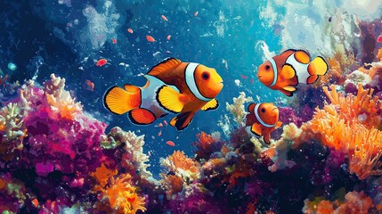 Fototapeta premium Backdrop World Ocean Day, Watercolor illustration for celebrating world ocean day with beautiful ocean life, Dugong, Dolphin, Bryde's Whale