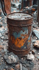 Weathered Metal Barrel Standing Amidst Debris in an Industrial Wasteland Close Up Shot
