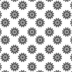 Seamless Black And White Floral Pattern | Geometric Elements | Hand Drawn Doodle Flowers Background | Monochrome abstract floral background | Vector simple flat graphic illustration
