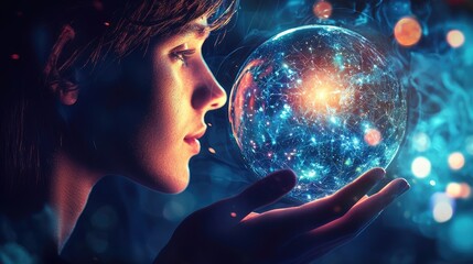 Naklejka premium Close-up view of a person gazing at an ethereal orb.
