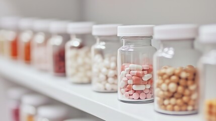 organized pharmacy shelf with rows of glass bottles filled with colorful pills