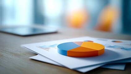 3D pie chart on the table with white paper and blue graph, an orange circle is blurred in the