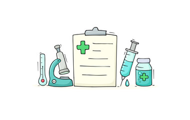Cartoon science objects with list of medical check up. Doodle vector illustration about medicine isolated on white background.