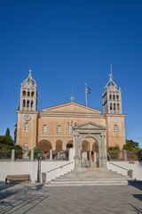 The Church of Agia Triada (Holy Trinity) in the village of Lefkes on Paros island in Greece under a...