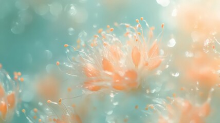 Fototapeta premium Close-Up of Delicate Flower Stamen with Pollen Grains in Pastel Orange and Teal