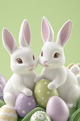 Obraz premium Two adorable white bunnies sitting atop a bed of pastel-colored Easter eggs