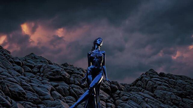 Metallic female figure standing on rocky terrain under dramatic fiery sky

