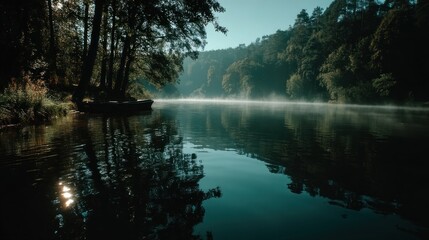 Fototapeta premium Tranquil river landscape with fog and reflections
