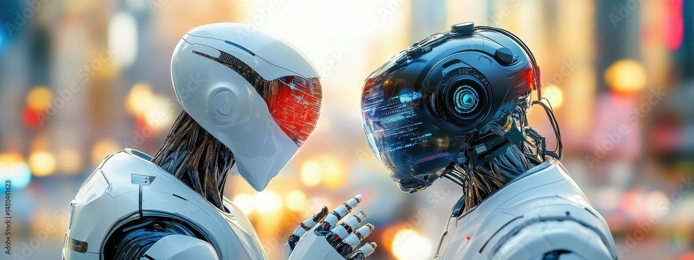Poster robots engaging in a futuristic conversation in a urban setting