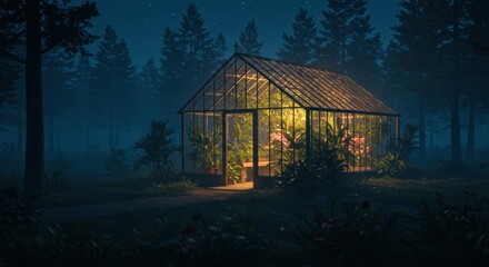Greenhouse in Forest at Night - Illustration