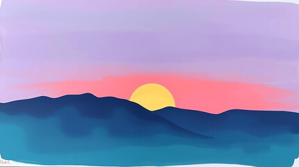 Abstract Sunset Mountain Landscape Painting with Teal and Purple Hues