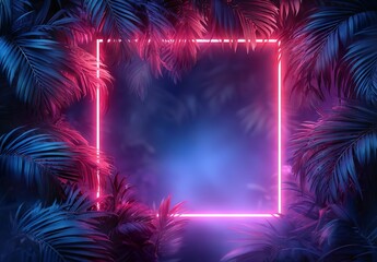 3D render of a neon light square frame on a dark background with palm leaves, a tropical nature