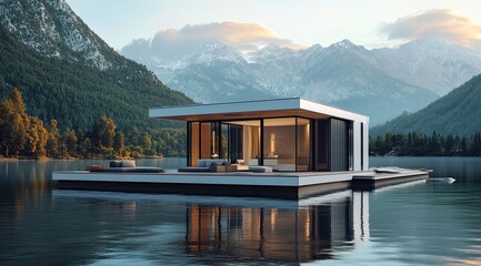 Modern floating home on serene lake, nestled amongst snow-capped mountains
