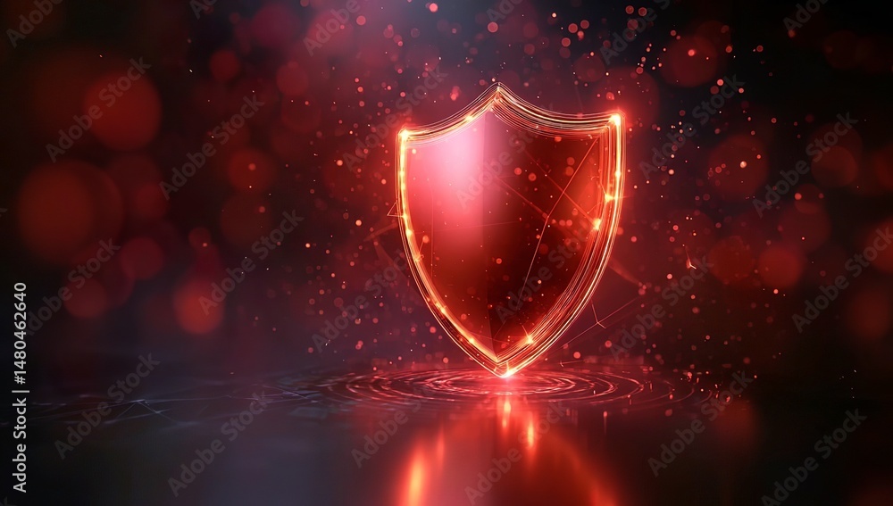 Poster 3d render of a red glowing shield icon on a dark background with a bokeh effect, a digital security