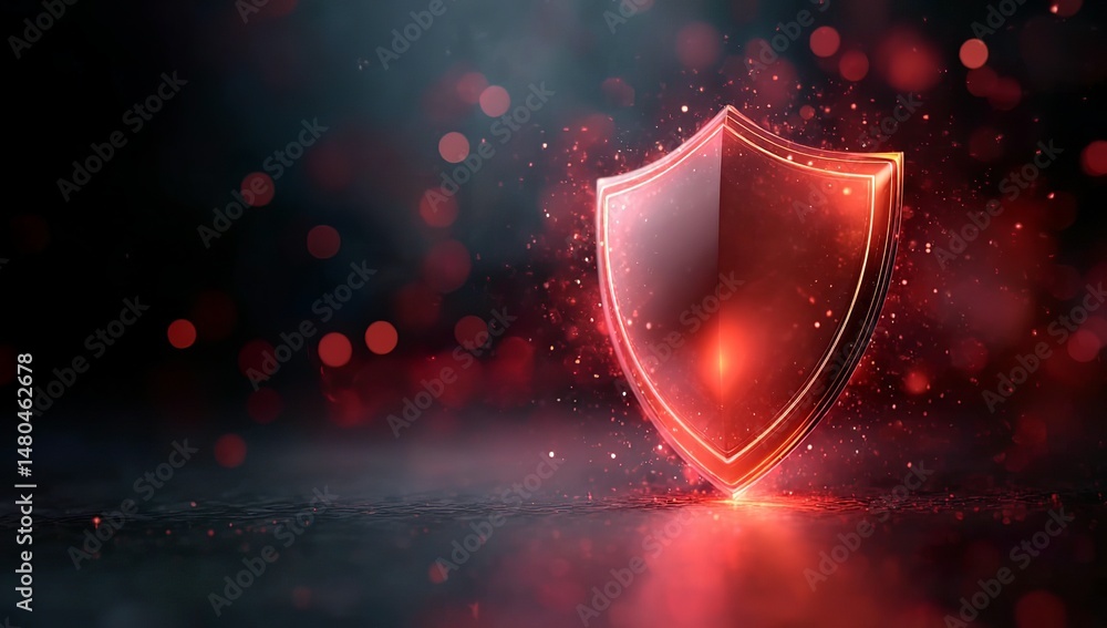 Poster 3d render of a red glowing shield icon on a dark background with a bokeh effect, a digital security