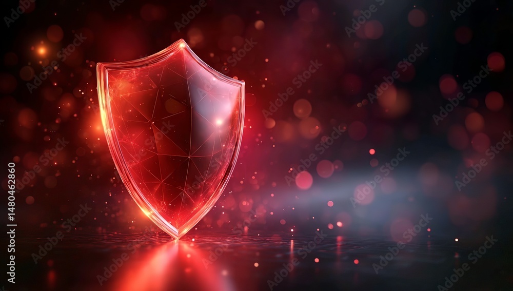 Poster 3d render of a red glowing shield icon on a dark background with a bokeh effect, a digital security