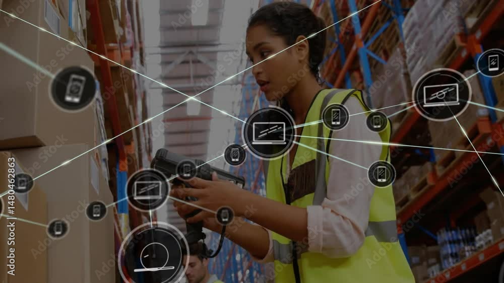Poster woman scanning boxes on racks with scanner while digital icons linking showing logistics data flow