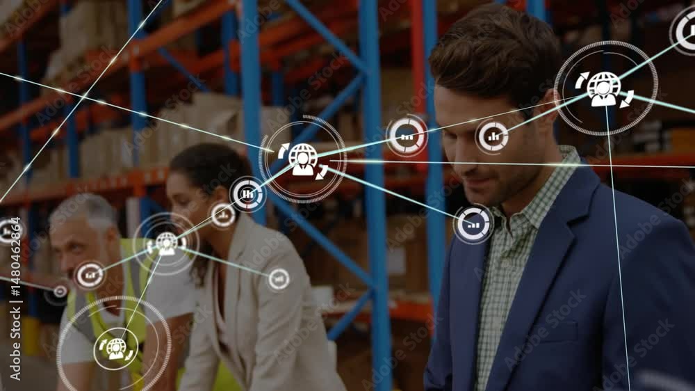Poster three colleagues inspecting racks in warehouse, showing supply chain network interface graphics