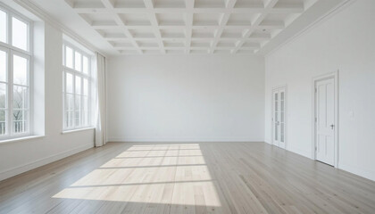 Fototapeta premium Bright Empty Room Hardwood Floor White Walls Coffered Ceiling Large Windows Sunlit In