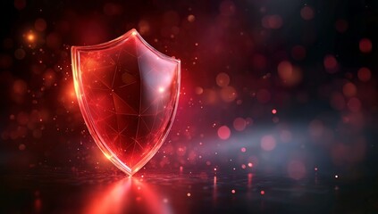 3D render of a red glowing shield icon on a dark background with a bokeh effect, a digital security