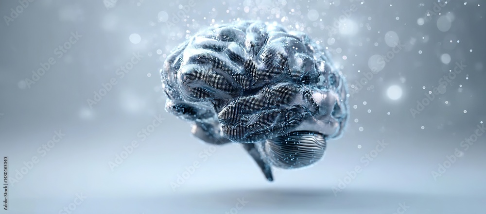 Poster 3d render of an ai brain, with intricate details and micro elements. the background is a soft blue