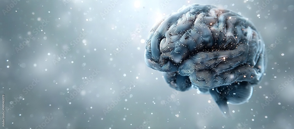 Poster 3d render of an ai brain, with intricate details and micro elements. the background is a soft blue