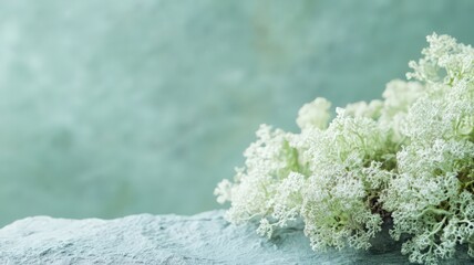Close Up of Delicate White Moss Cluster on Grey Stone Against Teal Background