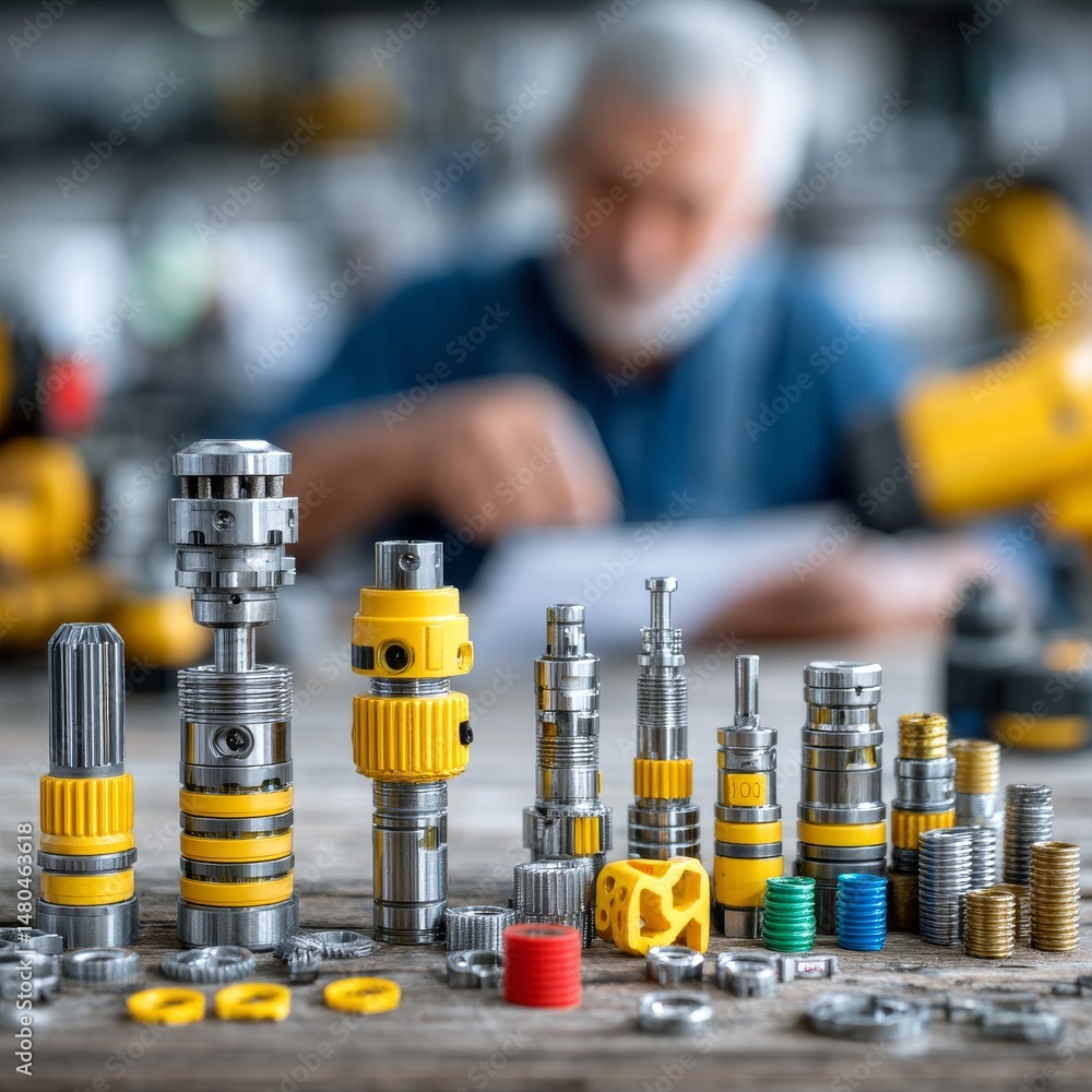 Poster engineer inspecting machined metal parts on work bench with blueprints and tools in workshop