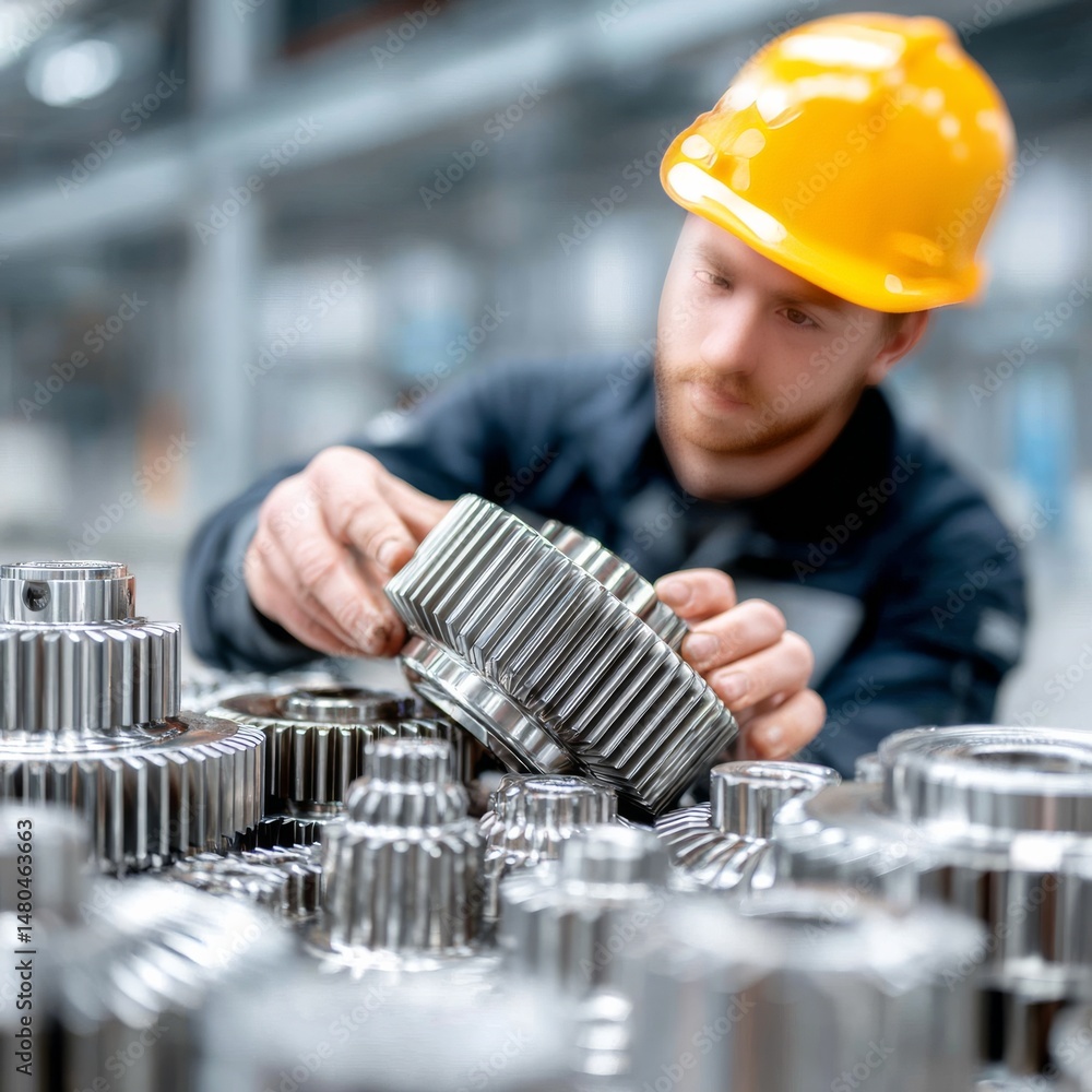 Poster engineer inspecting precision-engineered gears in a modern factory, ensuring quality control.