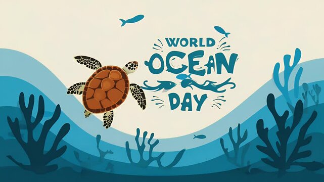 World Ocean Day Illustration with Turtle and Sea Life