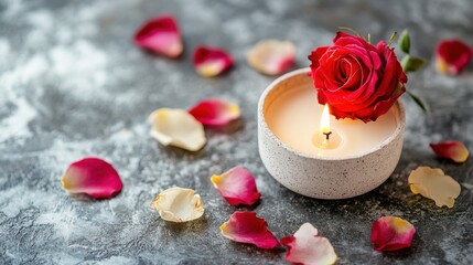 Candlelight and Rose Still Life on Textured Surface Close Up Romantic Ambiance with Scattered Petals for Valentine's Day