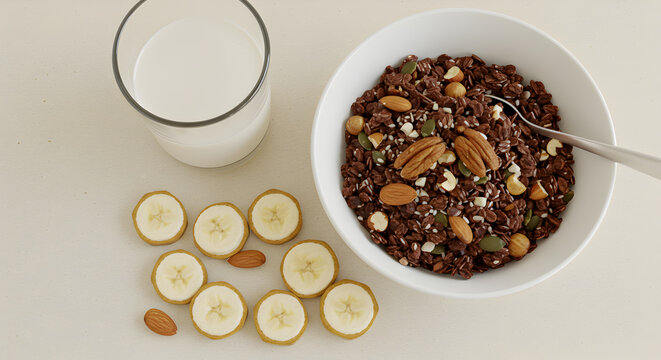 Delicious Breakfast Featuring Chocolate Granola, Banana Slices, and Refreshing Milk